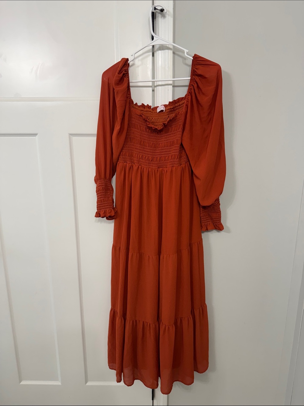 Pink Lily Rust Red Smocked Tiered Maxi Dress